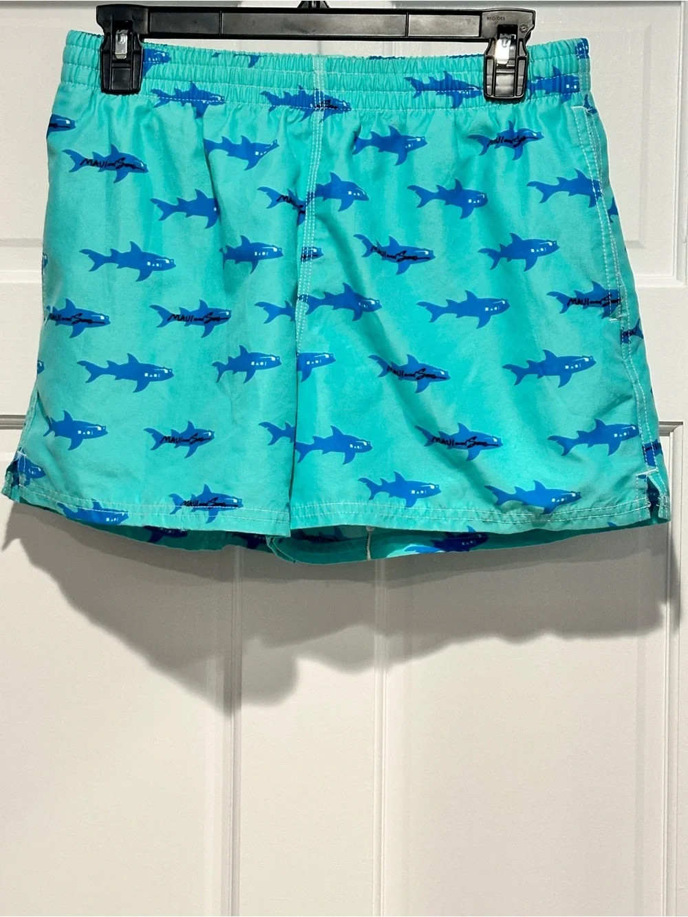 Maui and Sons Turquoise Swim Trunks with Blue Shark Print Size Small